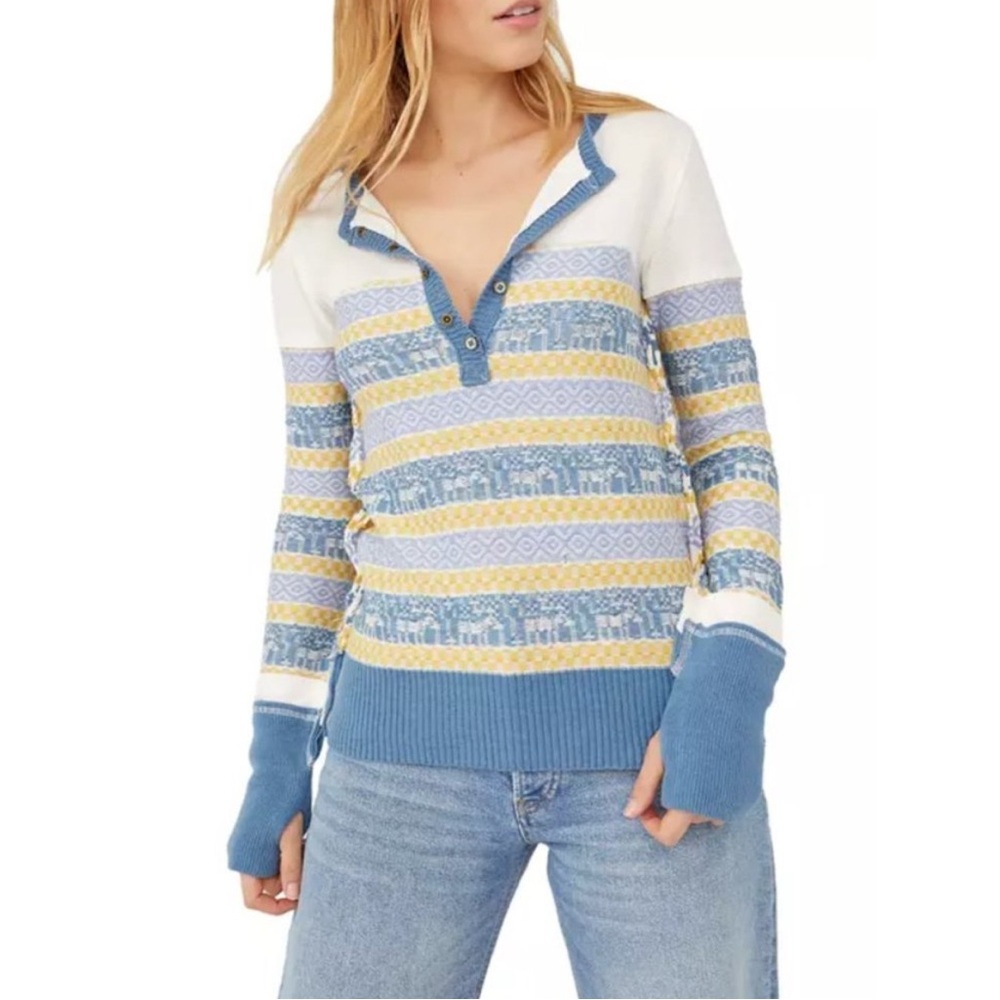 We‎ the Free To the Woods Cream Yellow Blue Stripe Henley Sweater, Size XS